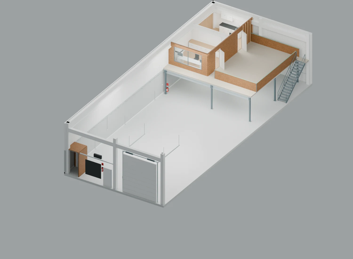 Open 3D-model van het atelier, met de hal, trap en tussenverdieping